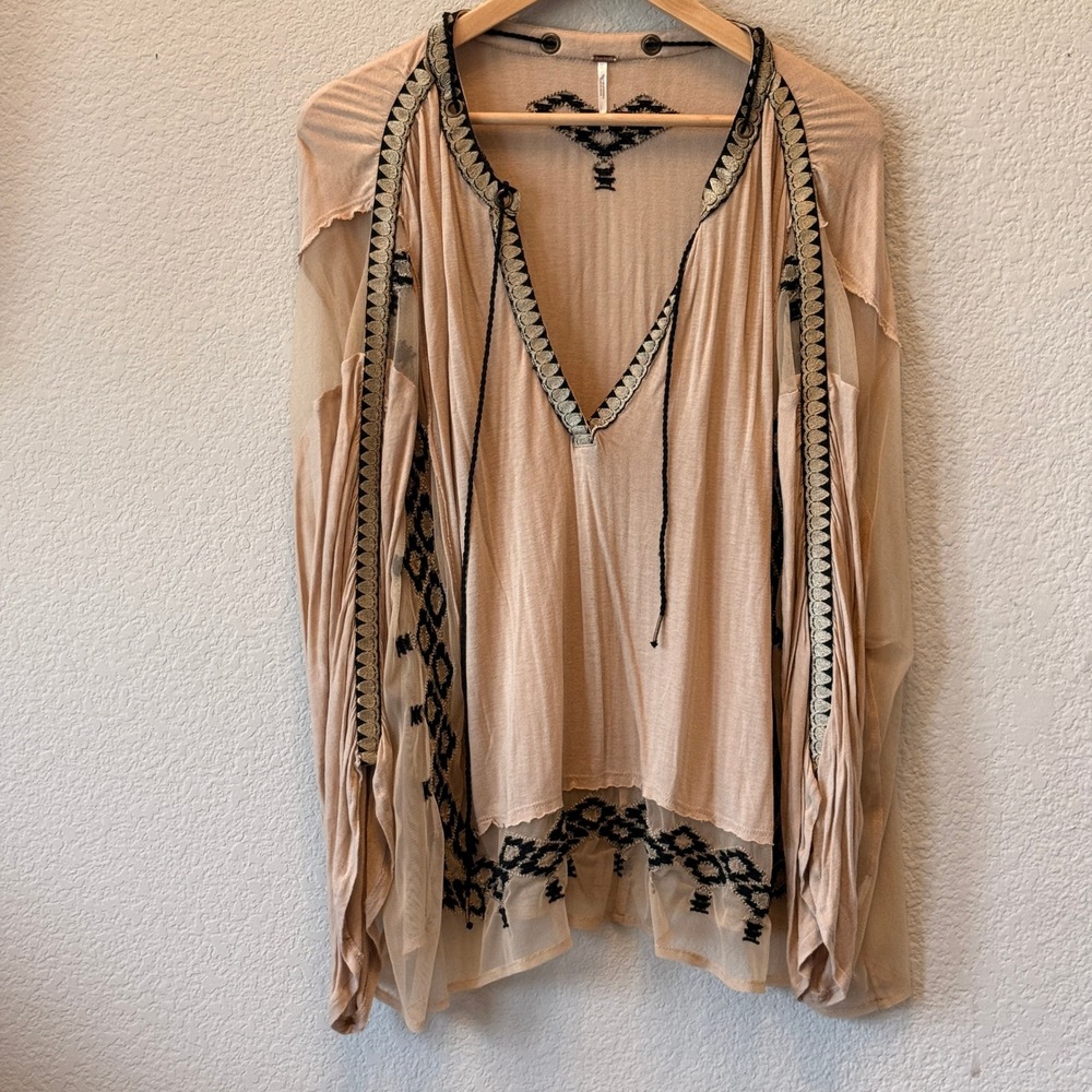Free People Tunic Boho Embroidered Mesh Womens L Tan Black Tassel V-Neck Top